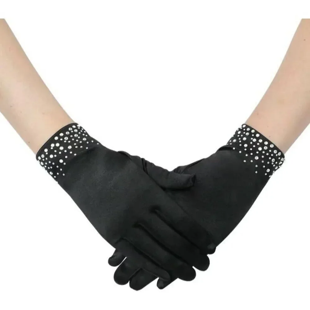 Women's Black Sparkly Glitter Rhinestone Stretchy Satin Wrist Length Gloves